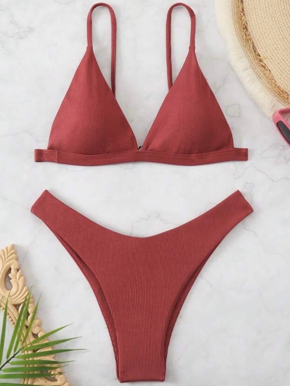 SHEIN Rust Red Ribbed Triangle Bikini Set